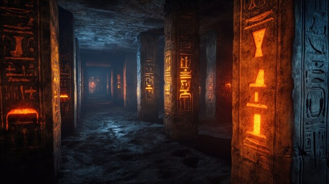 A cinematic shot of glowing hieroglyphs revealing a hidden curse