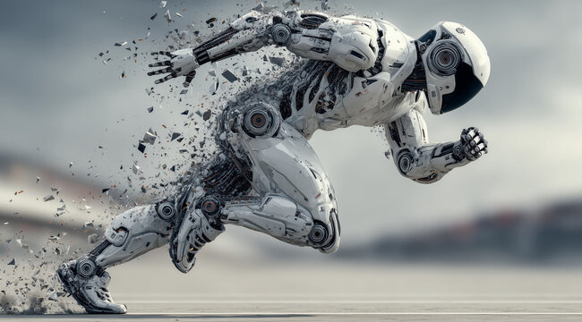 Dynamic Futuristic Robot Sprinter Accelerating with Motion Blur