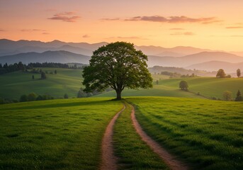 Solitary Tree on Rolling Hills at Sunset
