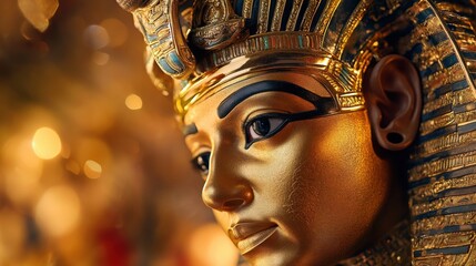 A close-up of a Pharaoh golden headdress with fine engravings, cinematic focus
