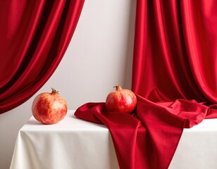 Pomegranates on table with red drapery