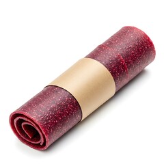 dried fruit leather rolls with berry flavor, eco paper wrap, side view , isolated on white background