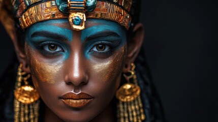 A detailed sculpture of the goddess Hathor with golden earrings