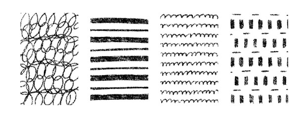 Hand drawn crayon textures vector pattern set. Childish freehand scribble and shapes background. Collection of design elements wavy lines, doodle, stripes