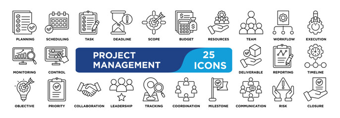 Project Management  icon collection set. Containing planning,scheduling,task,deadline,scope,budget,resources,team,workflow,execution icon. Simple line vector.	
