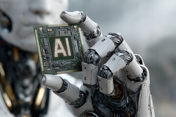 Naklejka premium Futuristic Robot Hand Holding AI Processor Chip - Digital Concept