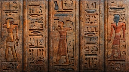A detailed view of ancient hieroglyphs carved on temple walls, realistic textures