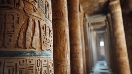 A detailed view of ancient hieroglyphs carved on temple walls, realistic textures --ar 16:9 --raw --profile 3dwq1cn --stylize 120 --v 6.1 Job ID: 3bb0e698-ea3d-40e8-abc5-a3089f452bcf