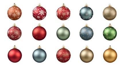 Festive collection of christmas ornaments in various colors and decorative snowflake designs  PNG file isolated on transparent background cut out, clipping path, social media.
