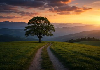 Lone Tree on Grassy Hill at Sunset with Winding Path and Mountain Backdrop