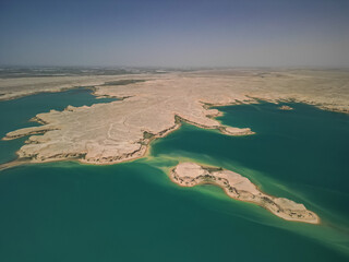 Aerial view of intricate peninsulas, islands in Kuimazar Reservoir in Uzbekistan