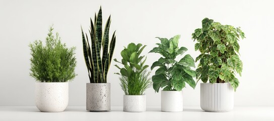 Fototapeta premium Five potted houseplants in various shapes and sizes, showcasing a range of textures and shades of green against a minimalist white backdrop