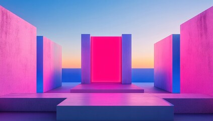 A vibrant, futuristic platform with a glowing magenta door, set against a backdrop of a calm ocean and a pastel sky at sunrise or sunset.  Large, blocky, light-pink/purple structures frame the scene. 