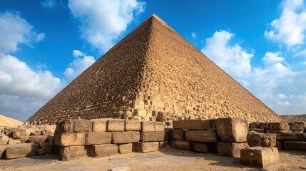 A detailed view of the Great Pyramid ancient stonework with precise carvings, cinematic shadows