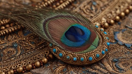 Traditional indian jewelry with elegant peacock feather on soft fabric background