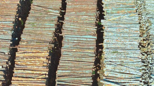 Organized piles of weathered timber logs lie in long, parallel rows at a lumberyard, captured from above with color variation and industrial texture.
