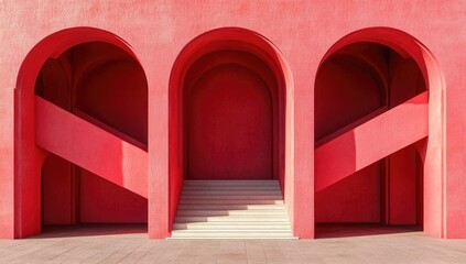 Three arched entrances in a vibrant coral-colored facade