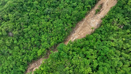 Aerial drone view of a steep hillside landslide showing soil and rock displacement surrounded by dense green forest, highlighting the destructive impact of natural disasters on the environment.
