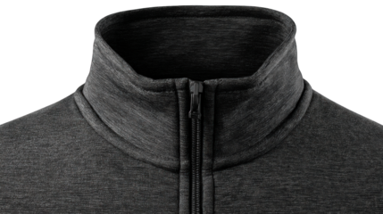 charcoal black zip-up jacket mockup with smooth nylon texture high collar isolated on transparent background 