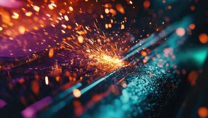 Sparks fly in vibrant colors from a metalworking process