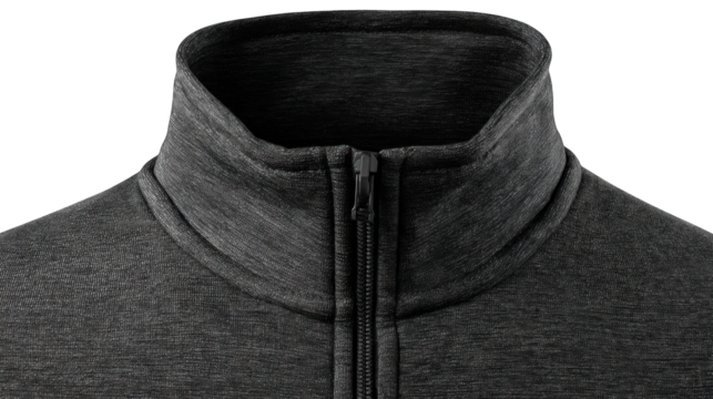 charcoal black zip-up jacket mockup with smooth nylon texture high collar isolated on transparent background