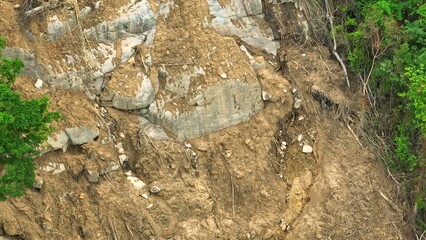 Bird’s eye view of a landslide area showing soil erosion and fallen trees, highlighting global...