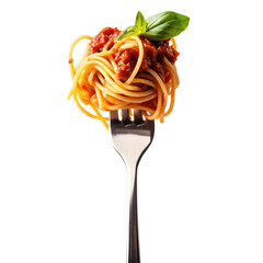 Spaghetti bolognese with basil leaf on a fork.