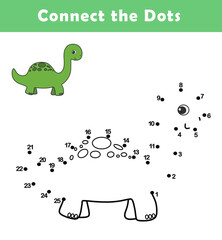 Dot to Dot Worksheet for Kids. Connect the dots to draw a cute diplodocus. Illustration of dinosaur. Coloring page.	