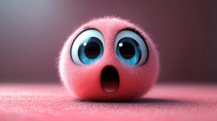 Fluffy pink creature with large blue eyes expressing surprise against a soft background