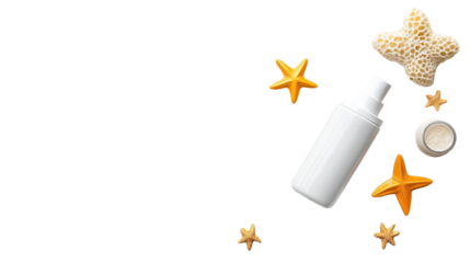 Flat Lay of Sunscreen and Starfish on Transparent Background