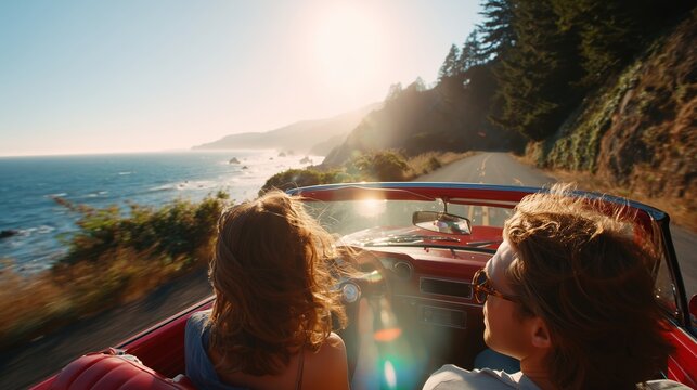 Couple enjoys a scenic coastal drive in a vintage convertible during sunset with ocean views and mountains