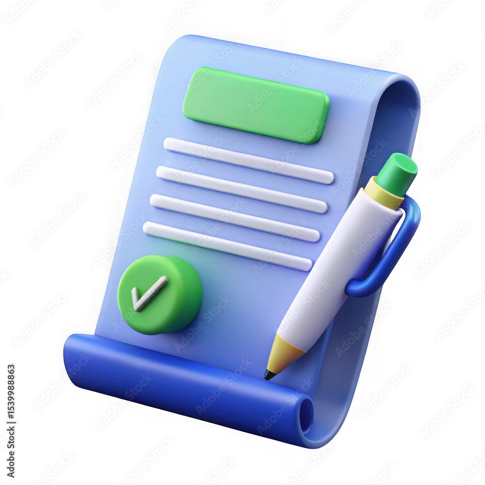 Poster 3d render checklist document with pen isolated on transparent background