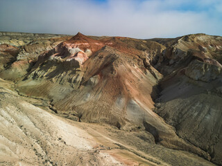 Aerial view across Aktumsuk hills revealing erosion, color bands and wild steppe