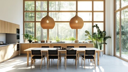 Modern, light-filled kitchen-dining area with natural wood