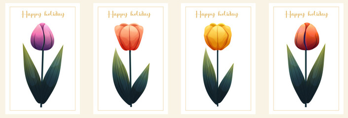 Frames with tulips for spring summer cards, invitations, packaging, posters and design templates. Simple floral borders and round compositions for love themes.