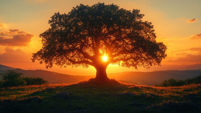 Majestic oak tree silhouetted against a vibrant sunset in a serene landscape - Powered by Adobe