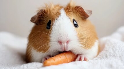 A fluffy guinea pig munching on a carrot