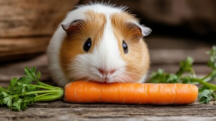 A fluffy guinea pig munching on a carrot