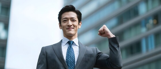 A well dressed professional businessman stands confidently in front of a modern office building gesturing with enthusiasm and a sense of accomplishment