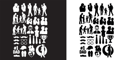 Father’s Day Silhouette Set | Dad and Child Activity Icons, Mustache, Trophy, Tie Vector Bundle