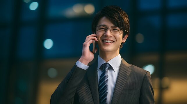 A well dressed professional businessman talking on a smartphone in front of a modern cityscape with illuminated skyscrapers and glass buildings at night
