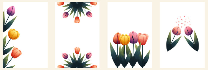 Frames with tulips for spring summer cards, invitations, packaging, posters and design templates. Simple floral borders and round compositions for love themes.