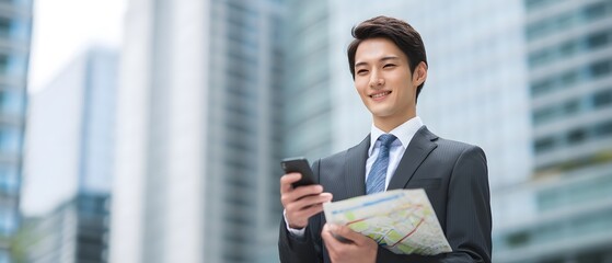Confident and focused businessman navigating the urban landscape using a smartphone and map to find his way in the bustling city surrounded by modern skyscrapers and buildings