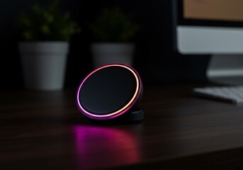 Illuminated Circular Device with Gradient Lighting on Dark Wooden Surface