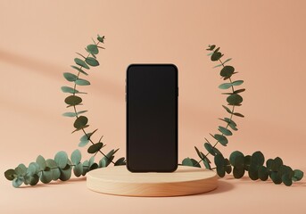 Smartphone on Wooden Pedestal with Eucalyptus Branches Against Peach Background
