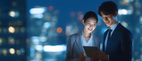 Two smartly dressed business professionals reviewing documents and digital devices while working together in a bustling urban office setting with a backdrop of a city skyline at night