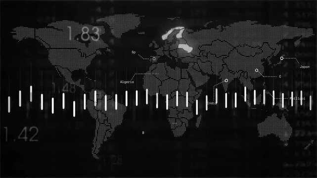 Animated dotted world map opening bars appearing and line graph running and showing global trends