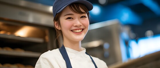 Professional female chef in clean white hygiene uniform preparing and baking bread in a commercial cafeteria or school kitchen facility