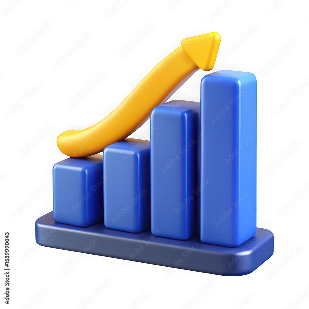 Poster 3d render of growing bar chart with arrow isolated on transparent background