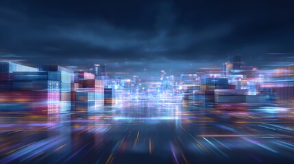 A futuristic and dynamic cityscape at night featuring a vibrant display of skyscrapers lights and blurred motion representing the technological advancement and progress of a modern metropolis